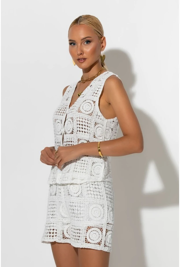 Σετ crochet γιλέκο και σόρτς με φόδρα λευκό