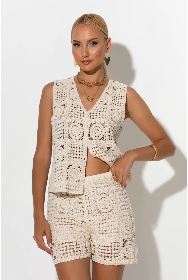 Σετ crochet γιλέκο και σόρτς με φόδρα μπεζ