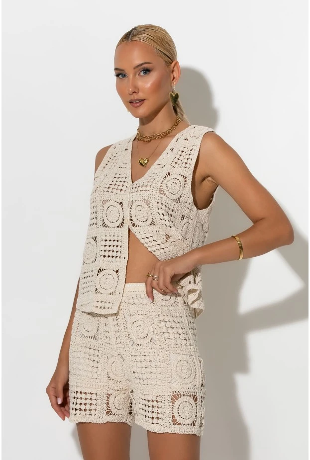 Σετ crochet γιλέκο και σόρτς με φόδρα μπεζ