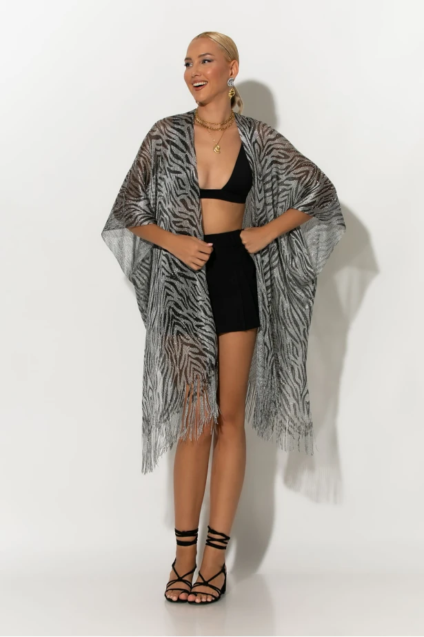 Κιμονό με κρόσια zebra print ασημί Κιμονό με κρόσια zebra print ασημί