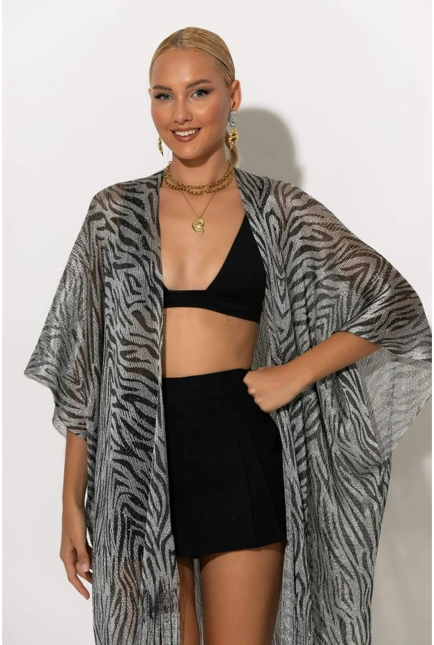 Κιμονό με κρόσια zebra print ασημί