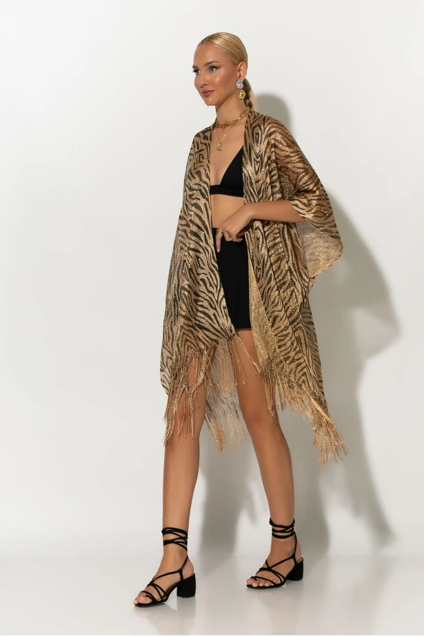 Κιμονό με κρόσια zebra print χρυσό Κιμονό με κρόσια zebra print χρυσό