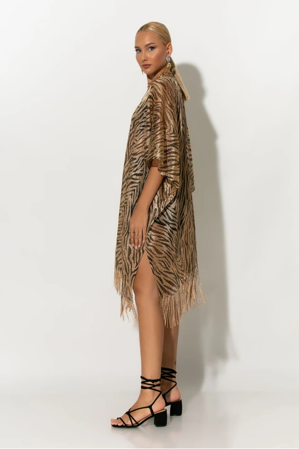 Κιμονό με κρόσια zebra print χρυσό Κιμονό με κρόσια zebra print χρυσό
