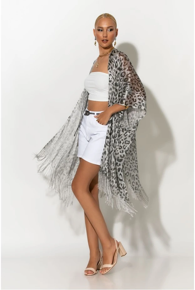 Κιμονό με κρόσια leopard print ασημί