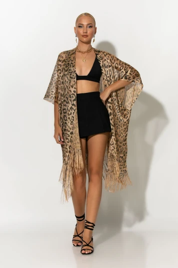 Κιμονό με κρόσια leopard print ασημί