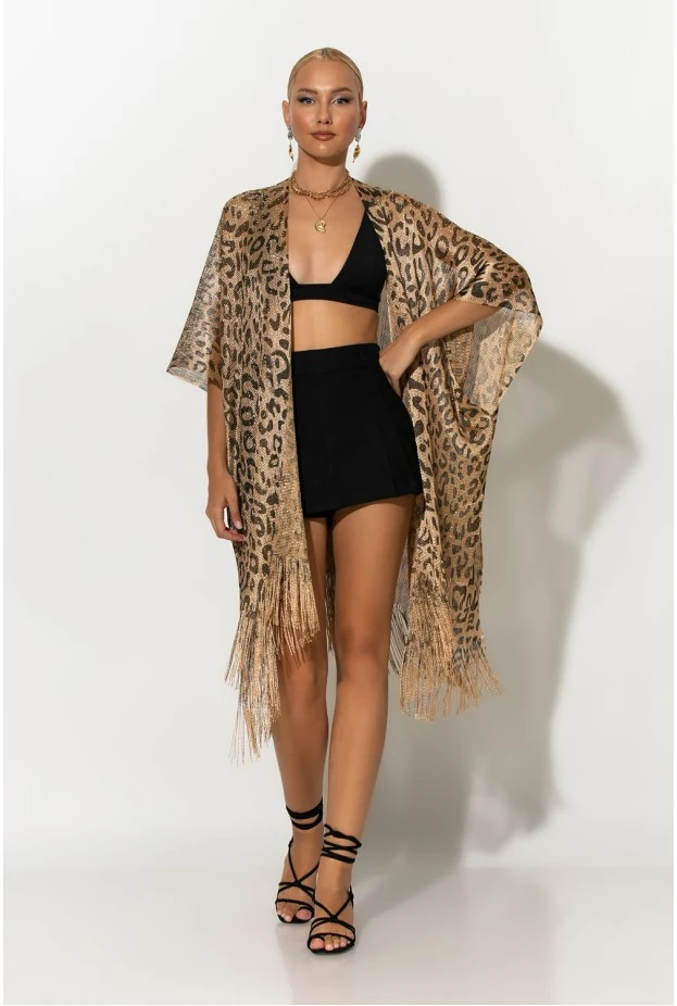Κιμονό με κρόσια leopard print χρυσό