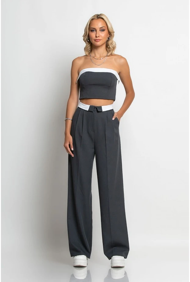 Σετ παντελόνα tailoring και στράπλες crop top ανθρακί