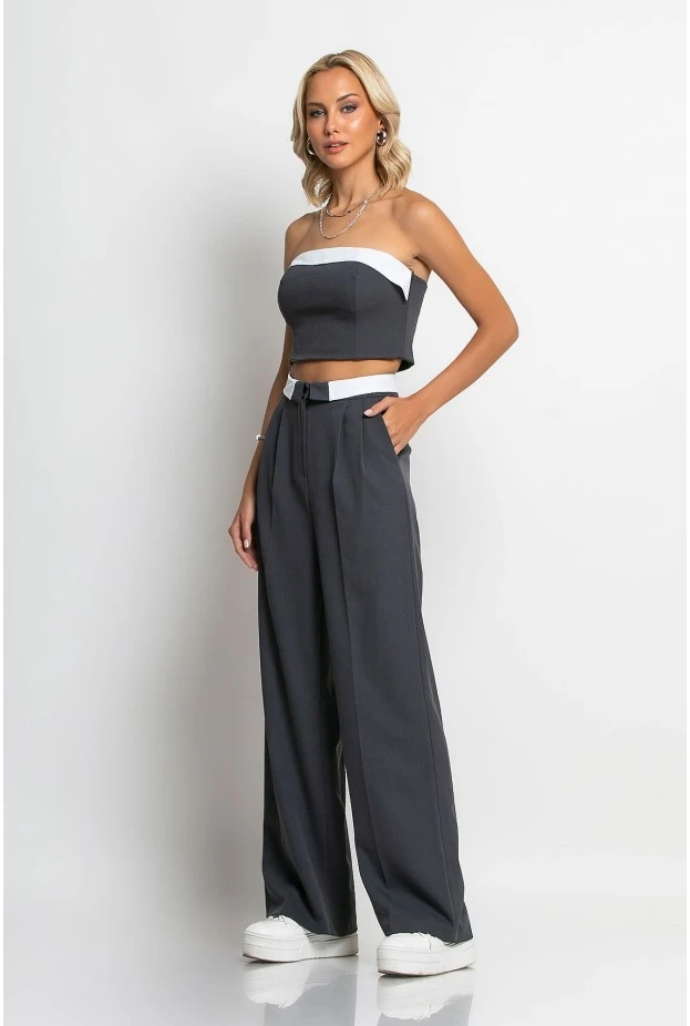 Σετ παντελόνα tailoring και στράπλες crop top ανθρακί