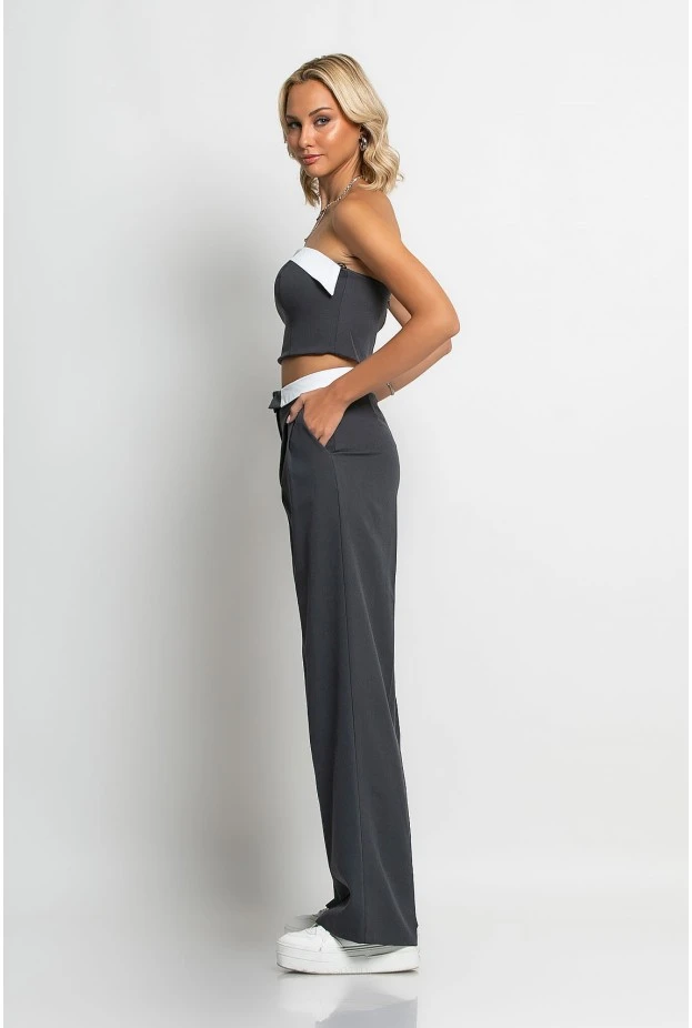 Σετ παντελόνα tailoring και στράπλες crop top ανθρακί
