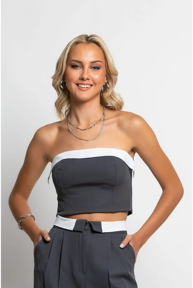 Σετ παντελόνα tailoring και στράπλες crop top ανθρακί