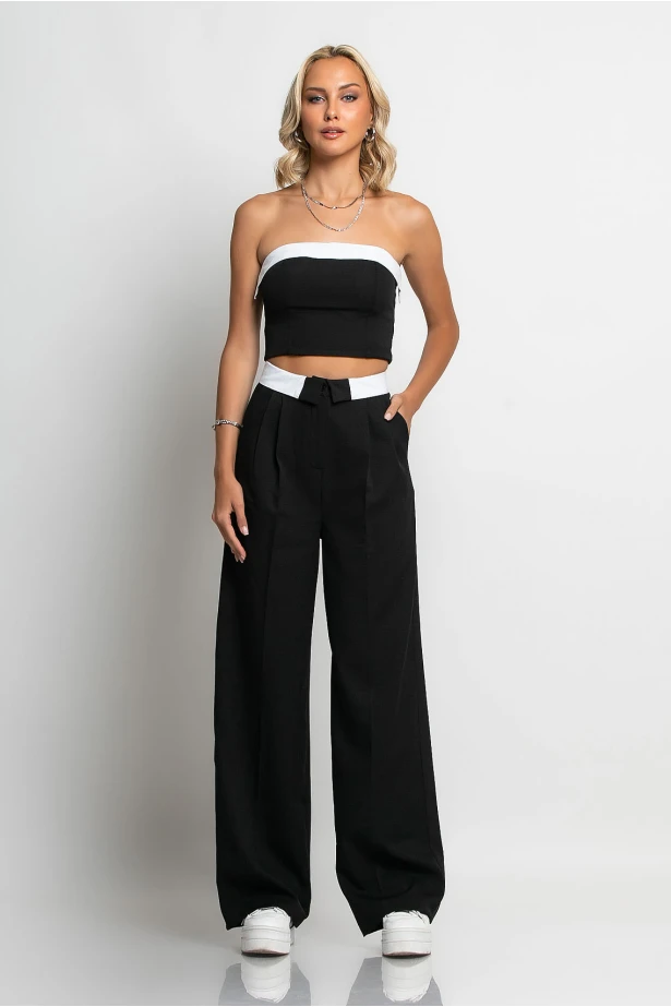 Σετ παντελόνα tailoring και στράπλες crop top μαύρο Σετ παντελόνα tailoring και στράπλες crop top μαύρο