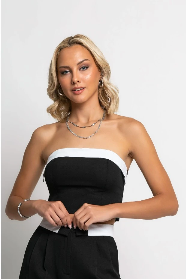 Σετ παντελόνα tailoring και στράπλες crop top μαύρο