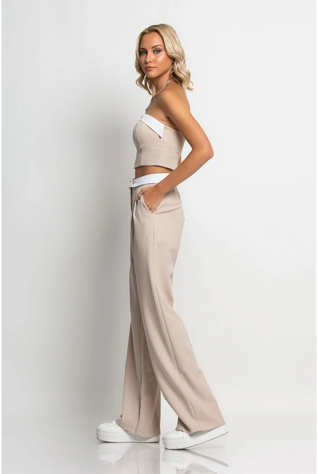 Σετ παντελόνα tailoring και στράπλες crop top μπεζ
