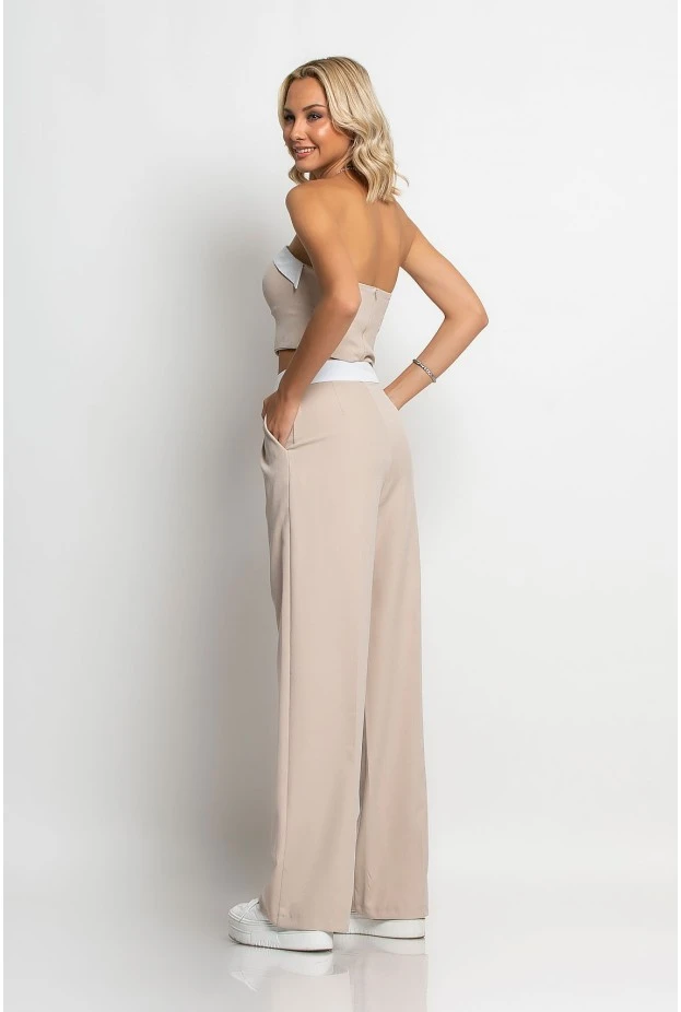 Σετ παντελόνα tailoring και στράπλες crop top μπεζ