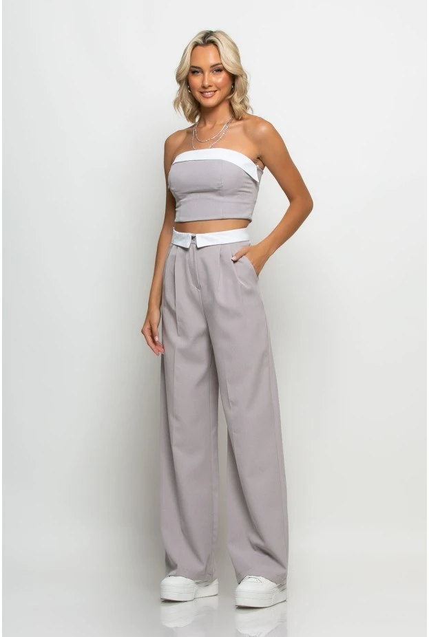 Σετ παντελόνα tailoring και στράπλες crop top γκρι ανοιχτό