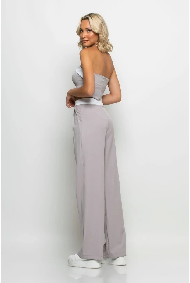 Σετ παντελόνα tailoring και στράπλες crop top γκρι ανοιχτό
