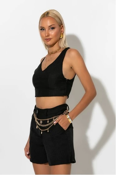 Σετ crop top τιραντέ και σορτς τύπου λινό μαύρο