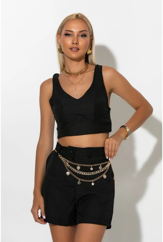 Σετ crop top τιραντέ και σορτς τύπου λινό μαύρο