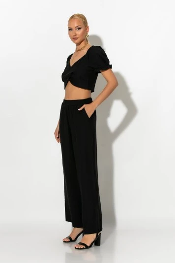 Σετ crop top με V και παντελόνι μπεζ
