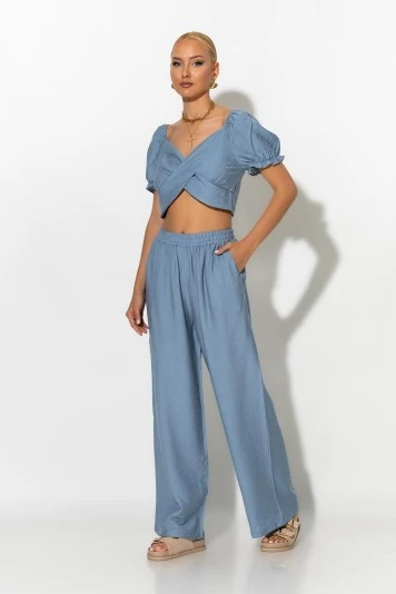 Σετ crop top με V και παντελόνι μπεζ