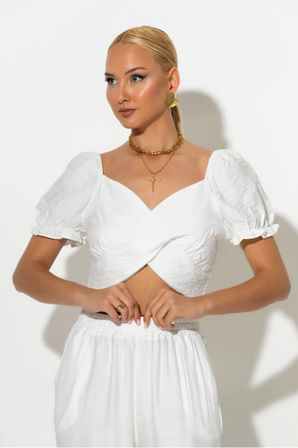Σετ crop top με V και παντελόνι λευκό Σετ crop top με V και παντελόνι λευκό