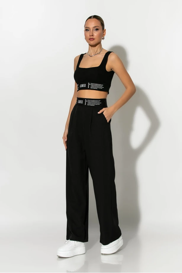 Σετ crop top με cup και παντελόνα με λάστιχο στην μέση μαύρο Σετ crop top με cup και παντελόνα με λάστιχο στην μέση μαύρο