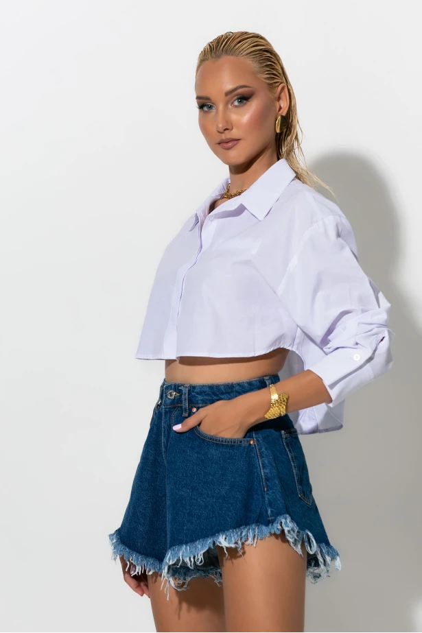 Cropped πουκάμισο με κουμπιά μπρος πίσω λευκό