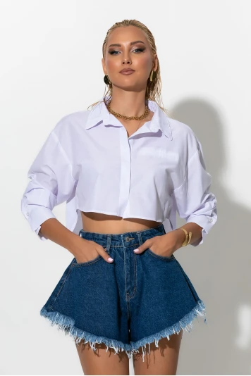 Cropped πουκάμισο με κουμπιά μπρος πίσω λευκό