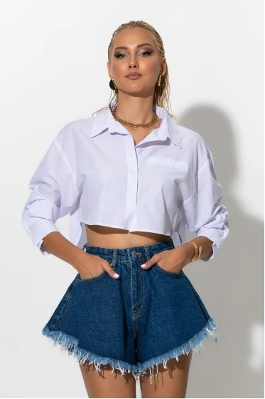 Cropped πουκάμισο με κουμπιά μπρος πίσω λευκό