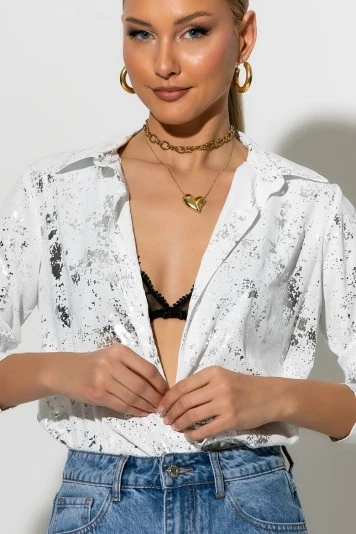 Πουκάμισο splash print foil λευκό-ασημί