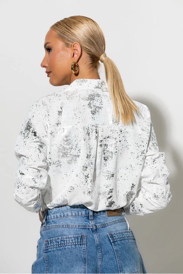Πουκάμισο splash print foil λευκό-ασημί
