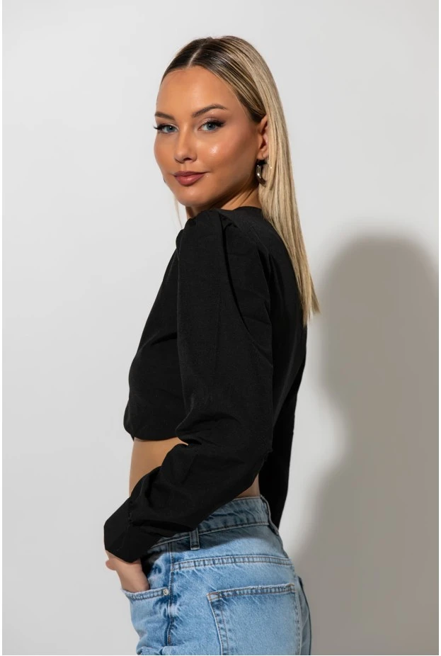 Cropped πουκάμισο με ασύμμετρη λεπτομέρεια μαύρο