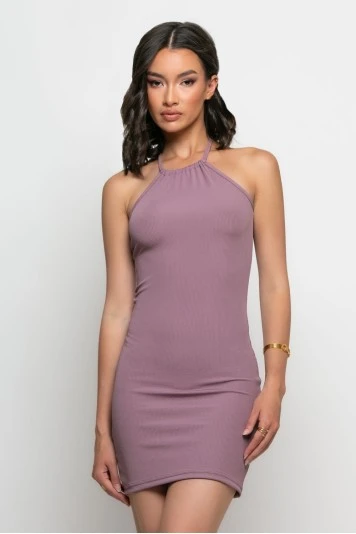 Μίνι φόρεμα με choker neck μπεζ