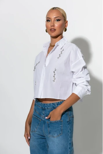 Cropped πουκάμισο με strass  λευκό