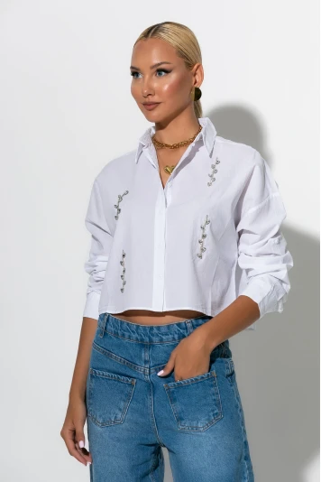 Cropped πουκάμισο με strass  λευκό