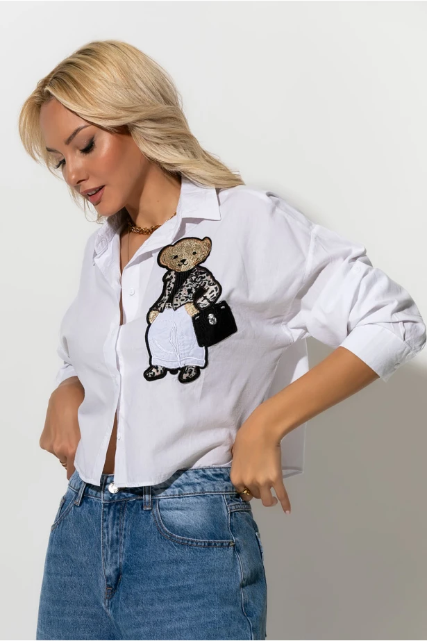 Cropped πουκάμισο με pach bear λευκό