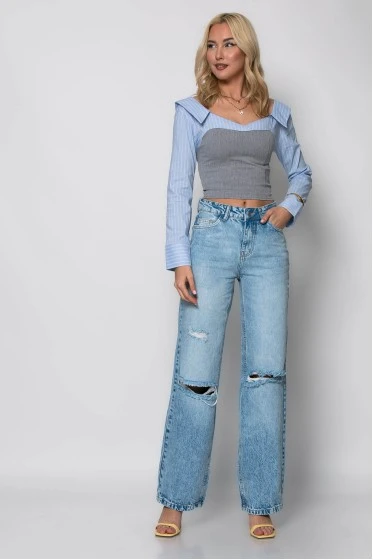 Crop top με ριγέ μανίκια πουκαμίσου γκρι
