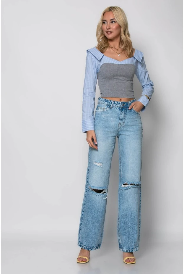 Crop top με ριγέ μανίκια πουκαμίσου γκρι