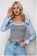 Crop top με ριγέ μανίκια πουκαμίσου γκρι
