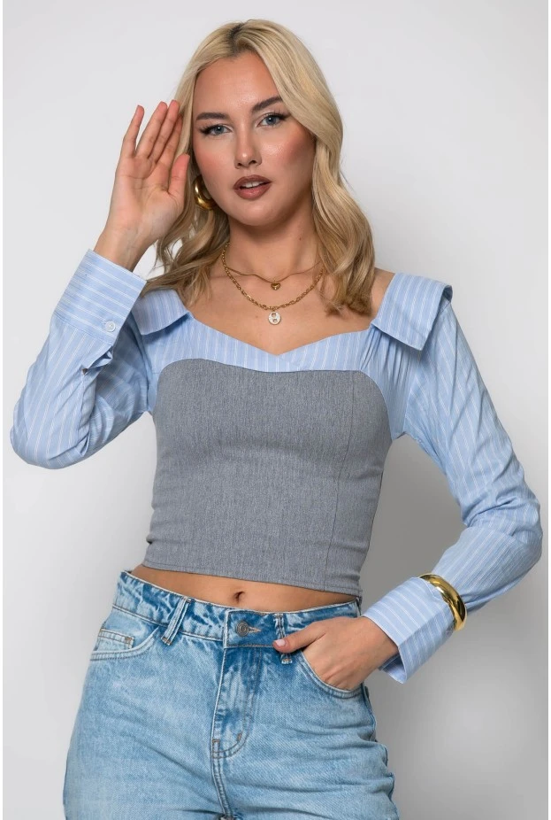 Crop top με ριγέ μανίκια πουκαμίσου γκρι