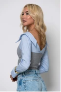 Crop top με ριγέ μανίκια πουκαμίσου γκρι