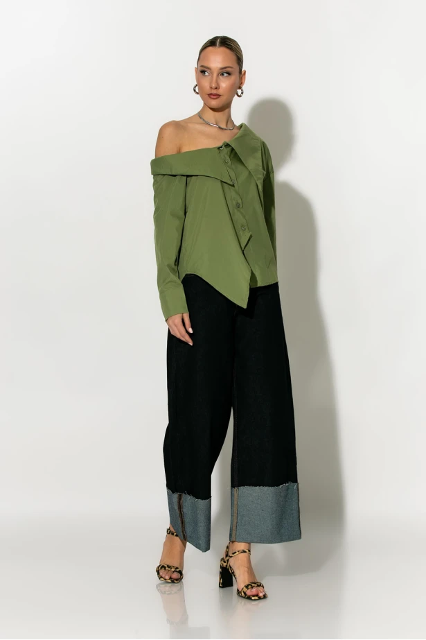 Πουκάμισο ασύμμετρο off-shoulder λαδί Πουκάμισο ασύμμετρο off-shoulder λαδί
