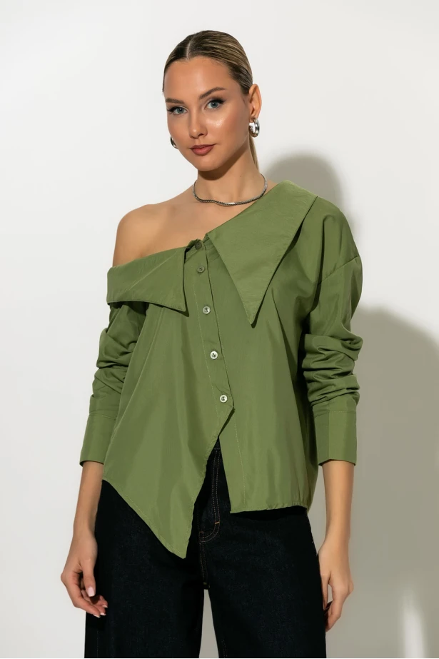 Πουκάμισο ασύμμετρο off-shoulder λαδί Πουκάμισο ασύμμετρο off-shoulder λαδί