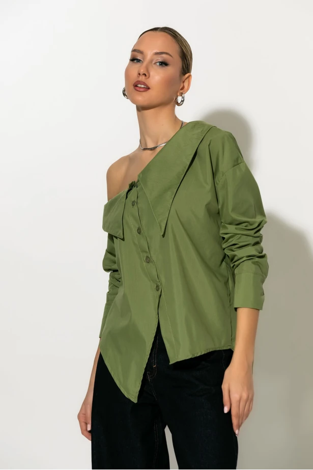 Πουκάμισο ασύμμετρο off-shoulder λαδί Πουκάμισο ασύμμετρο off-shoulder λαδί