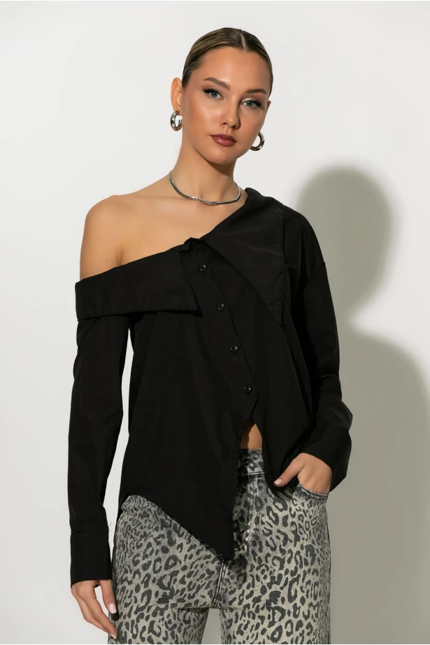 Πουκάμισο ασύμμετρο off-shoulder μαύρο Πουκάμισο ασύμμετρο off-shoulder μαύρο