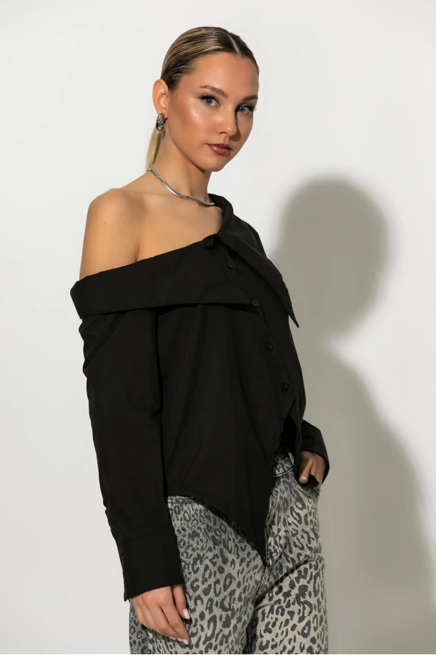 Πουκάμισο ασύμμετρο off-shoulder μαύρο Πουκάμισο ασύμμετρο off-shoulder μαύρο
