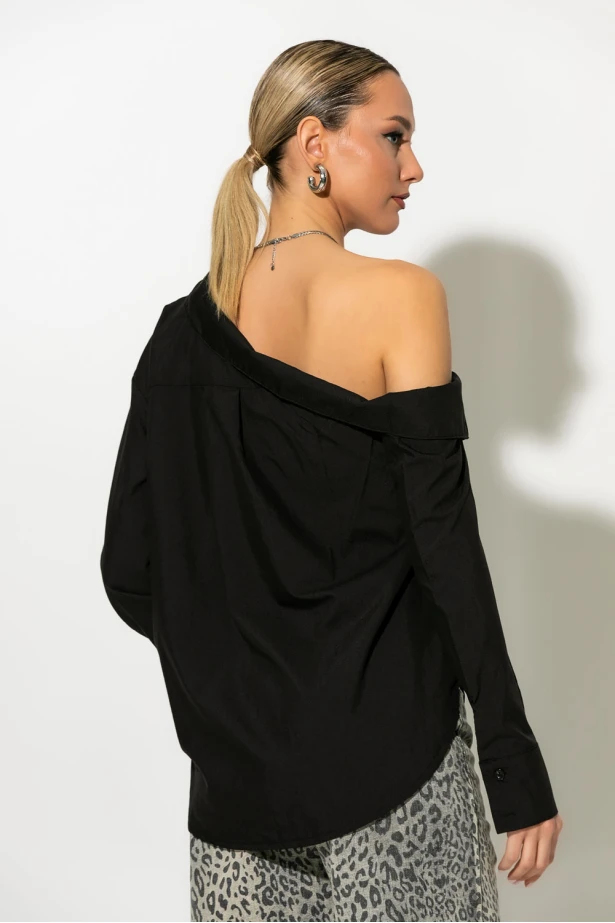 Πουκάμισο ασύμμετρο off-shoulder μαύρο Πουκάμισο ασύμμετρο off-shoulder μαύρο