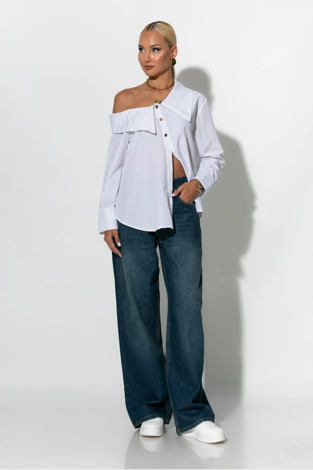 Πουκάμισο ασύμμετρο off-shoulder με μεταλλικά κουμπιά λευκό Πουκάμισο ασύμμετρο off-shoulder με μεταλλικά κουμπιά λευκό
