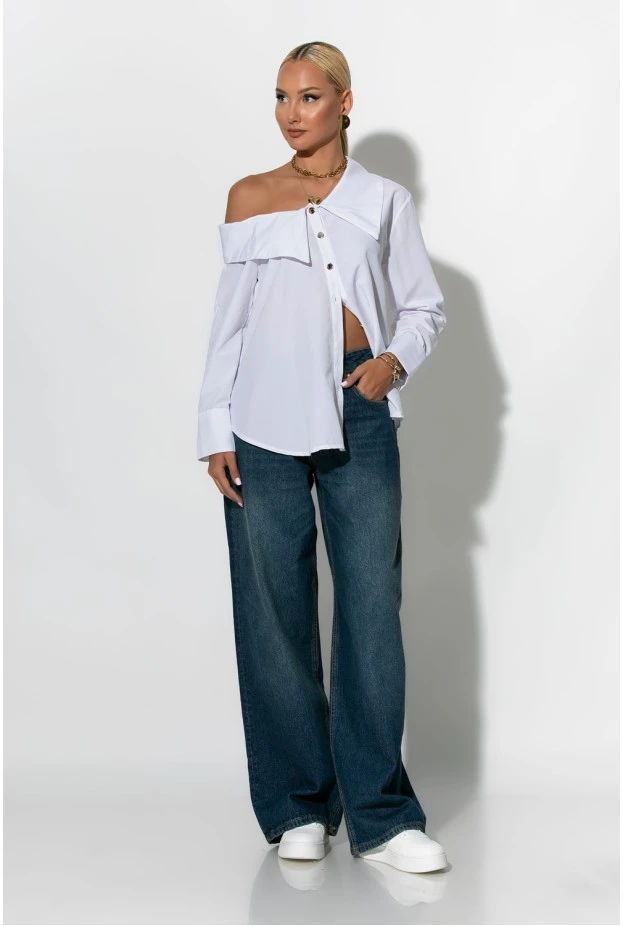 Πουκάμισο ασύμμετρο off-shoulder με μεταλλικά κουμπιά λευκό