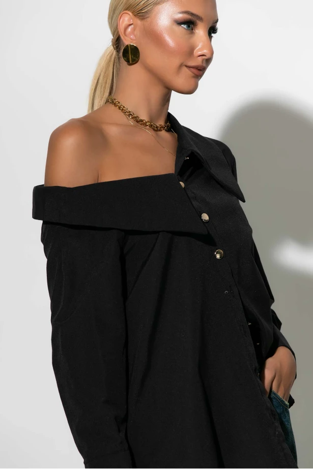 Πουκάμισο ασύμμετρο off-shoulder με μεταλλικά κουμπιά μαύρο Πουκάμισο ασύμμετρο off-shoulder με μεταλλικά κουμπιά μαύρο